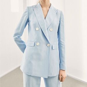 Massimo Dutti Light Blue Double-Breasted Blazer